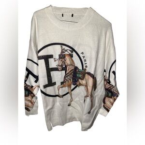 Elegant White Horse Print Sweater